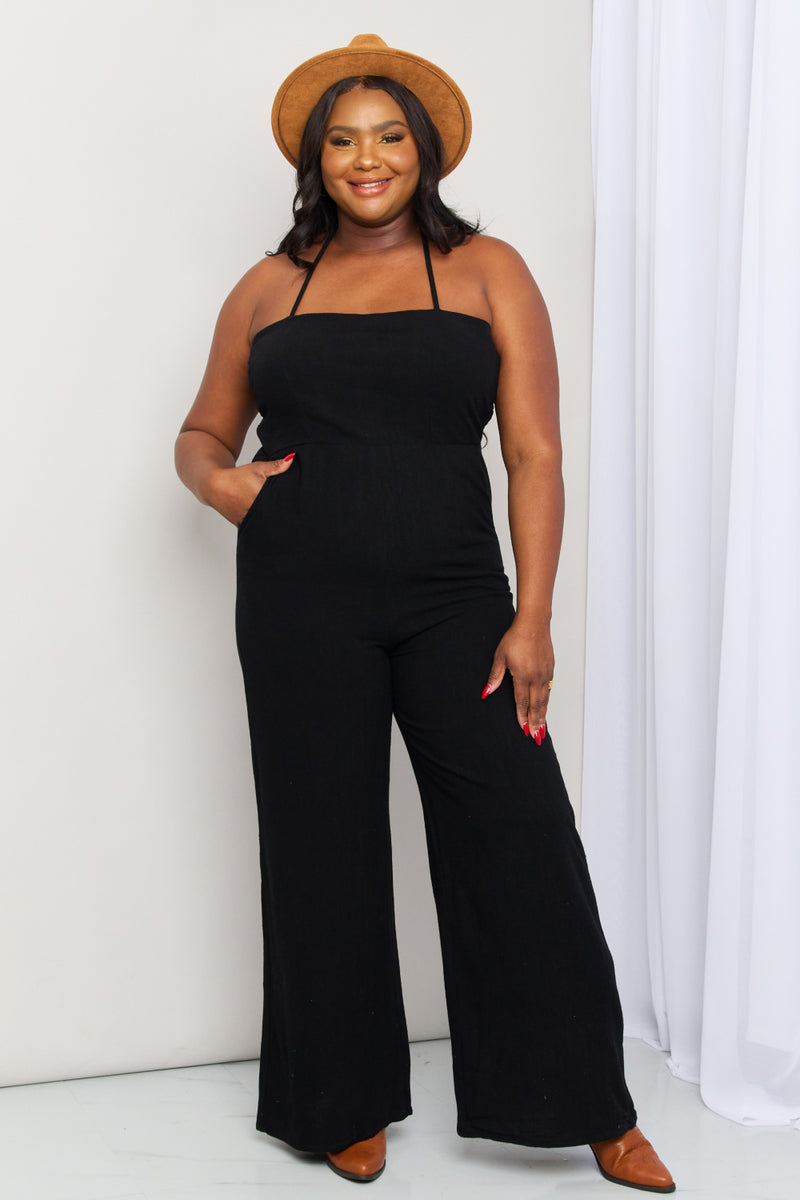 White Birch Full Size Halter Neck Wide Leg Jumpsuit with Pockets